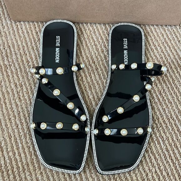 New Steve Madden Women's Studded Pearl Embellished Slide-On Flat Sandals 10 - Picture 1 of 8